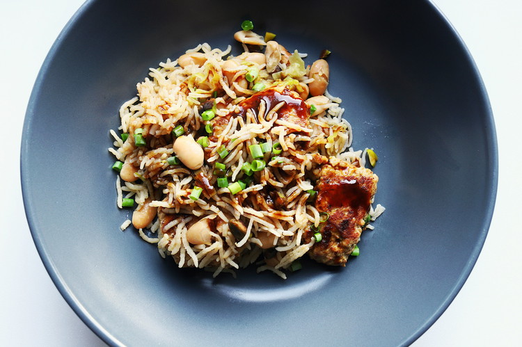 Image of Garnish the completed dish with herbs and/or scallions and serve in individual bowls or eat straight from the pan. Season to taste with salt and teriyaki sauce.