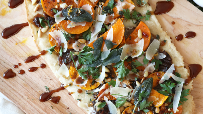 Image of Butternut Squash, Sage, and Caramelized Onion Flatbread with Balsamic Glaze