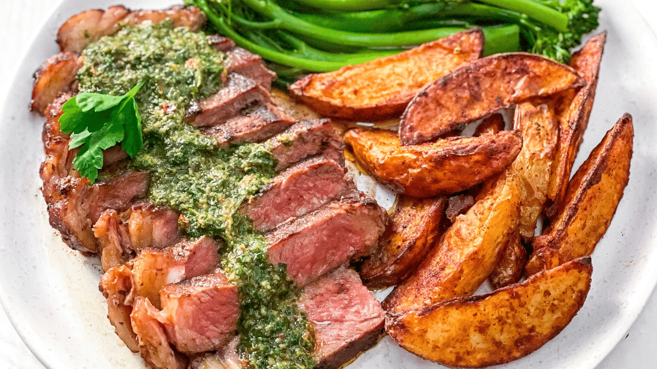 Image of Grilled Steak with Spiced Wedges, Broccolini and Chimichurri Sauce