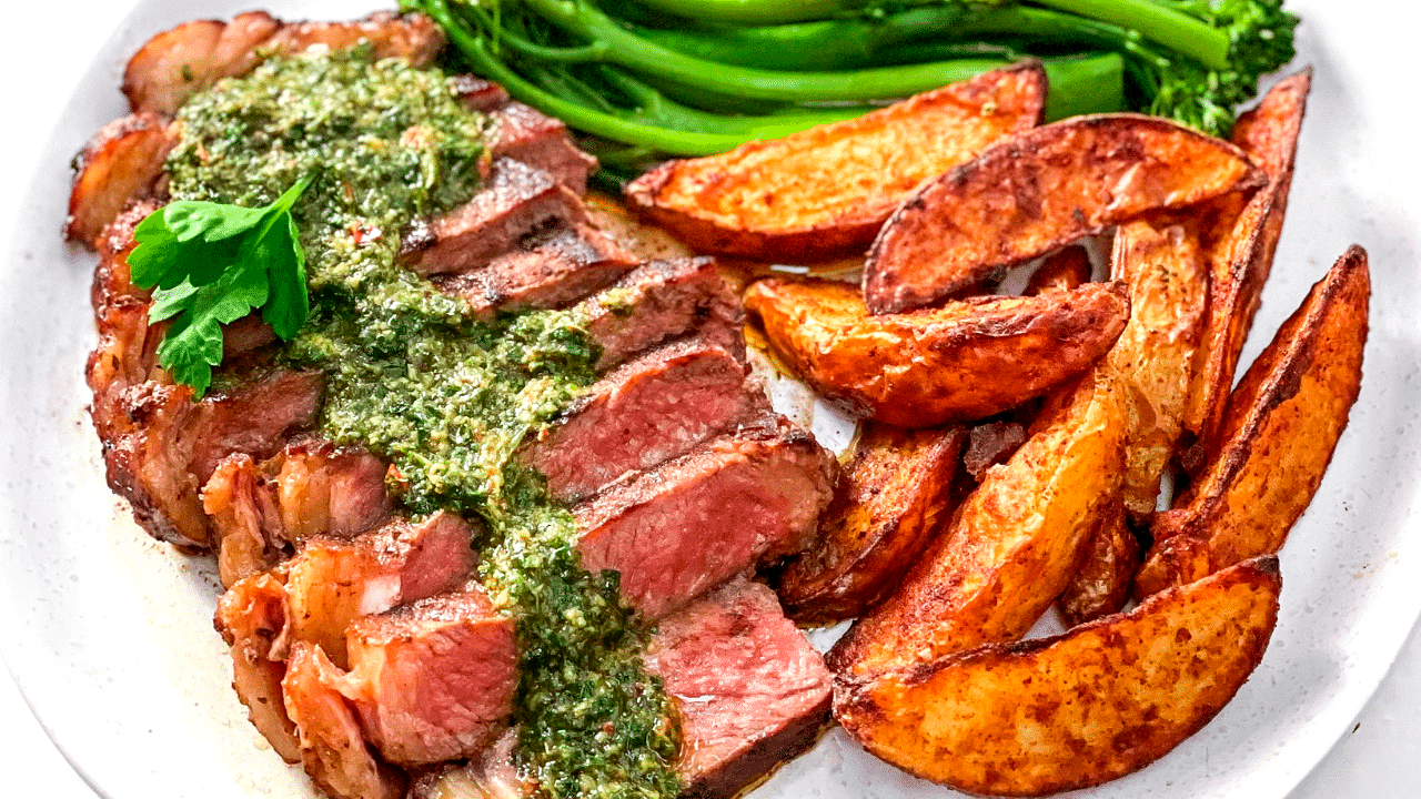 Image of Grilled Steak with Spiced Wedges, Broccolini and Chimichurri Sauce