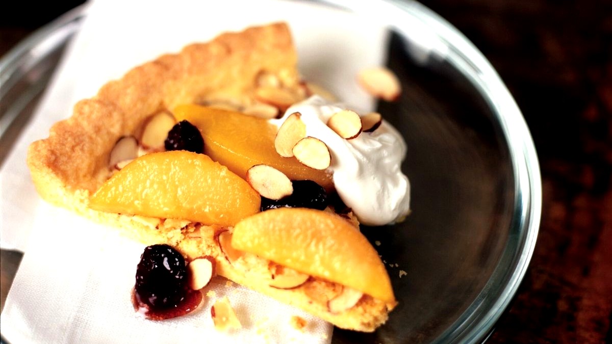 Image of Almond Polenta Tart with Caramelized Pears and Cherries