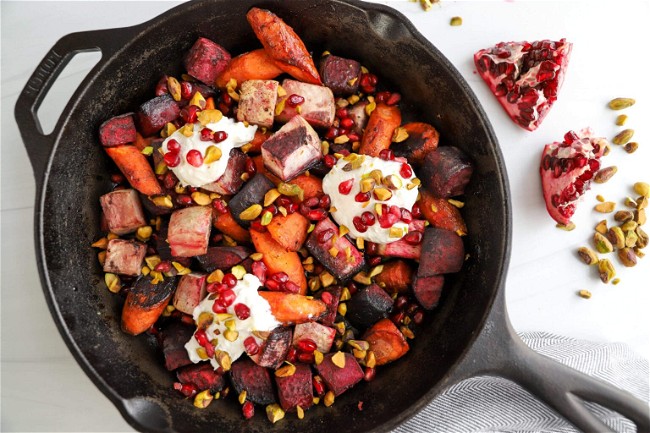 Image of Pomegranate-Glazed Roasted Root Vegetables with Whipped Goat Cheese