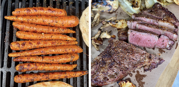 Image of On the hot grill, grill carrots until tender.Grill the ribeye to desired doneness (135°F for medium rare).