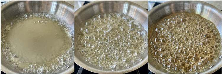 Image of In a small heavy bottom sauté pan, cook the sugar and water to an amber caramel.