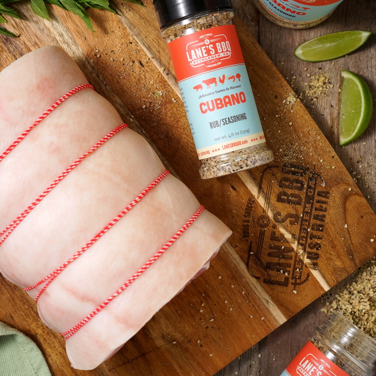 Image of Prepare the pork by removing the rind and any silver skin, and seasoning with Lane's Cubano Rub.