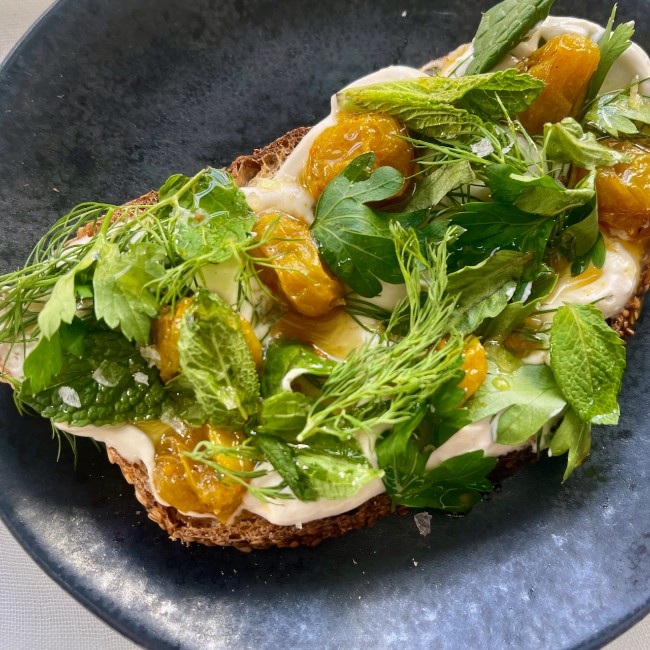 Image of Tahini and Herb Crostini with Grape Jam