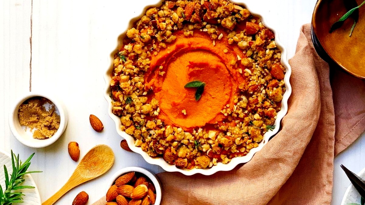 Image of Sweet Potato Soufflé with Herb and Almond Streusel Topping