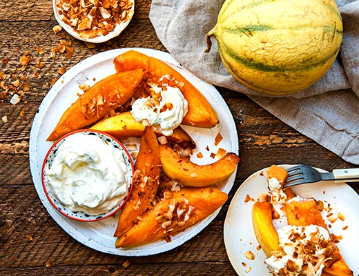 Image of Roasted Charentais Melons with Coconut and Lime Whipped Cream