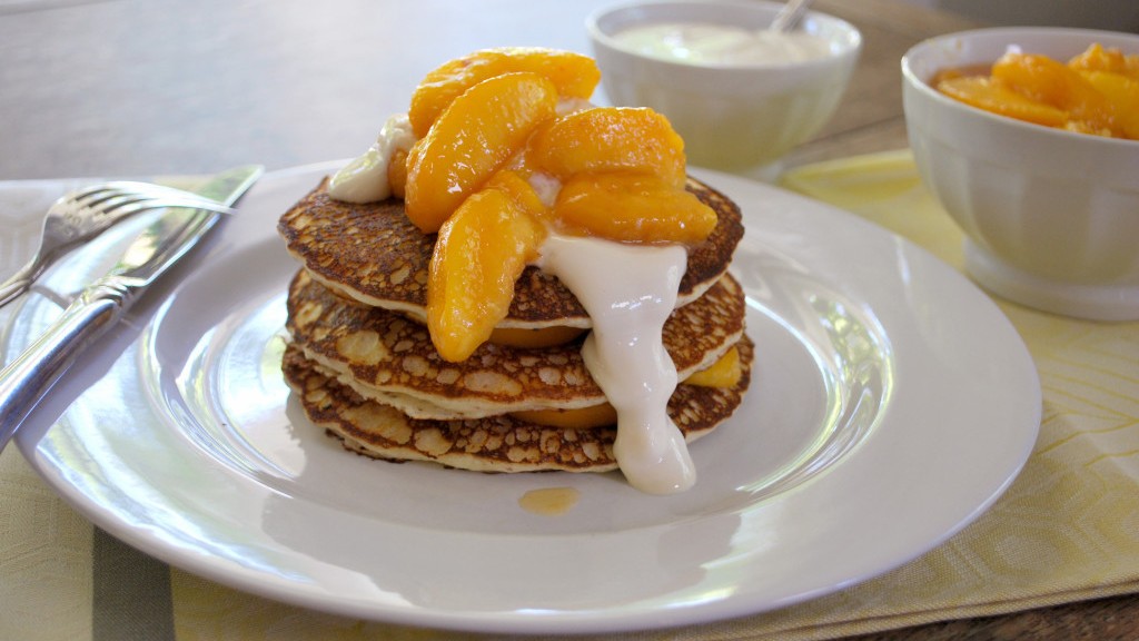 Image of Pancakes with Peach Syrup and Sweet Yogurt Sauce