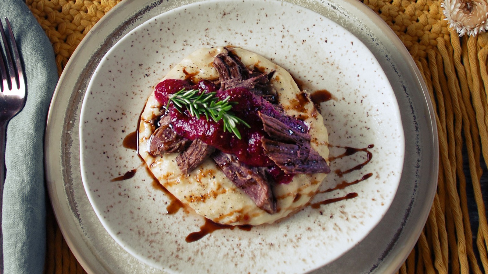 Image of Beef Roast over Creamy Polenta and Savory CranApple Sauce