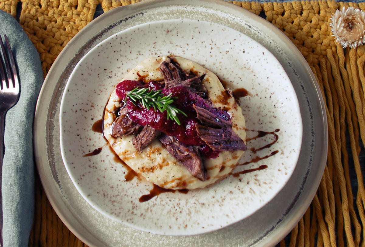 Beef Roast over Creamy Polenta and Savory CranApple Sauce
