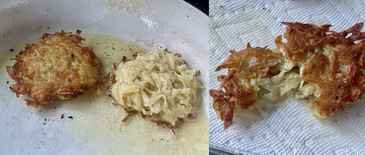 Image of When the edges are golden brown, flip each latke and continue cooking until both sides are golden-brown and cooked through.