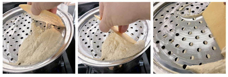 Image of Once the pot of water has come to the boil, lay your spaetzle maker on top of the pot and push 1/3 of the mixture through the holes, using long strokes with the plastic scraper. The water should be simmering but...