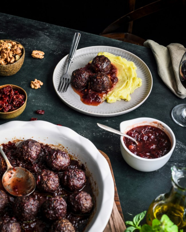 Image of Walnut Stuffed Meatballs with Cranberry Sauce