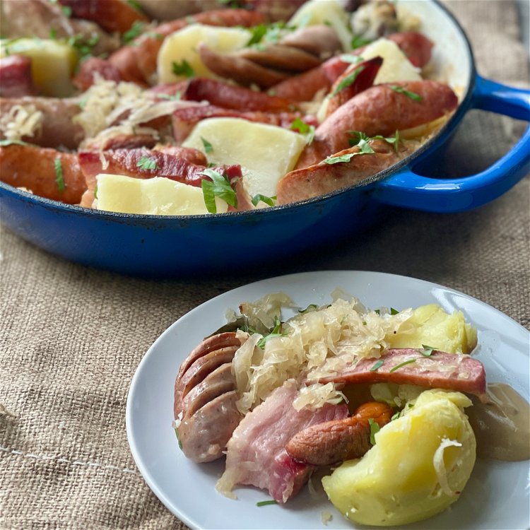 Image of Serve with the tender potatoes and plenty of mustard.