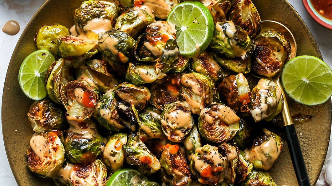 Image of Crispy Air Fried Brussels Sprouts with a Sweet Lime Tahini Sauce