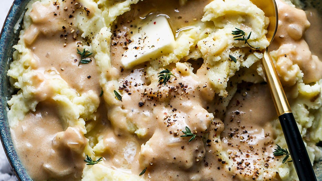 Image of Mashed Potatoes with Vegan Tahini Gravy