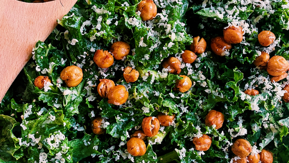 Image of Kale Caesar Salad with Crispy Chickpea Croutons