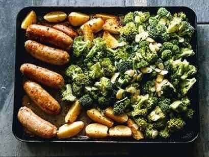 Image of Remove sheet tray from oven pan, turn sausages to coat...