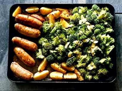 Image of Remove sheet tray from oven pan, turn sausages to coat...