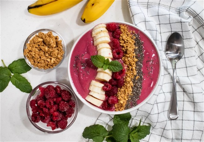 Image of Easy Raspberry Banana Protein Smoothie Bowl