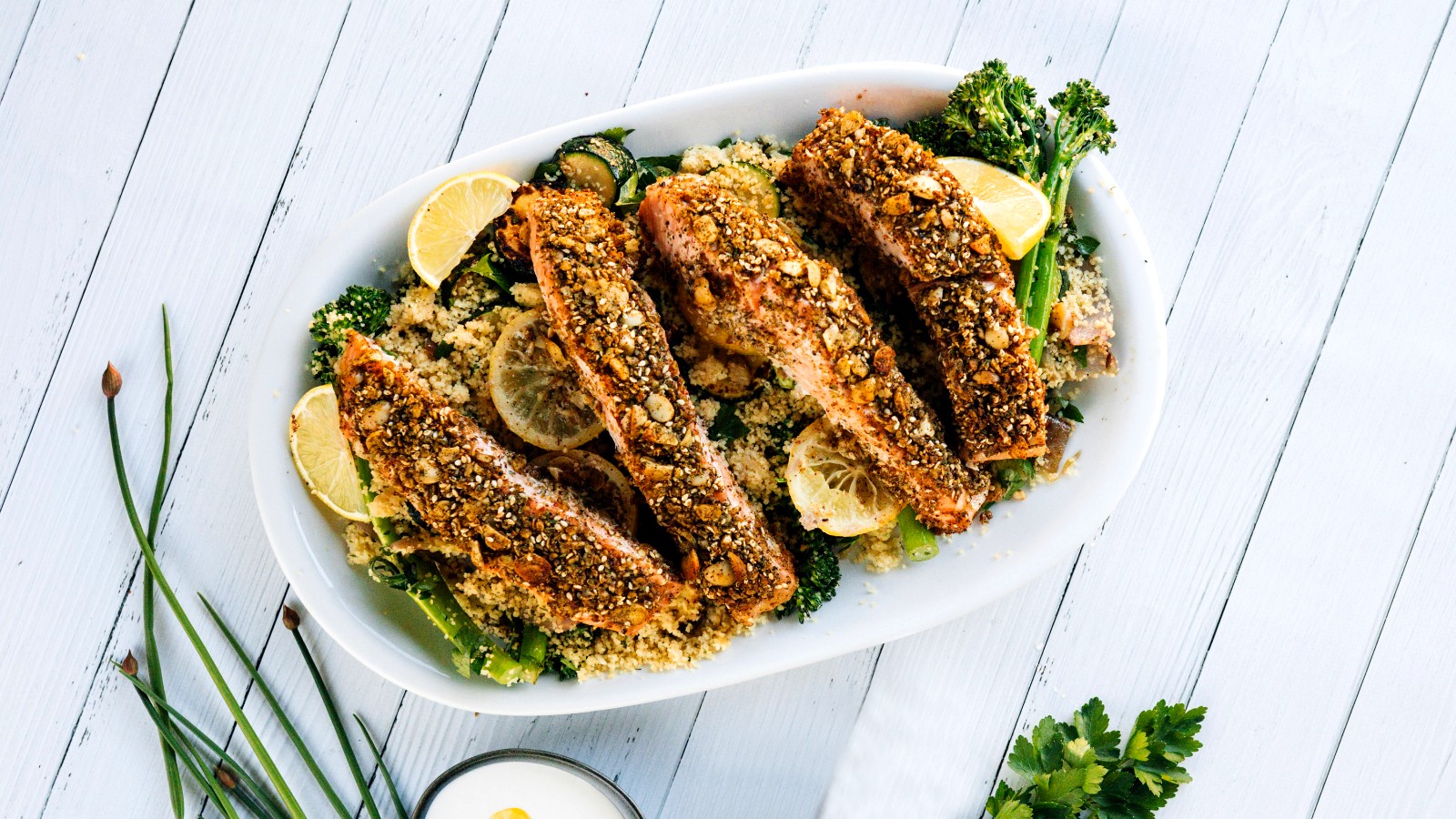 Image of Dukkah Crusted Salmon with Couscous & Greens