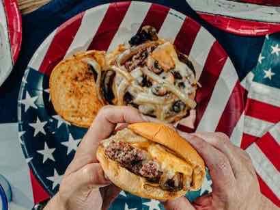 Image of Big Green Egg: Mushroom, Onion and Swiss Bugers