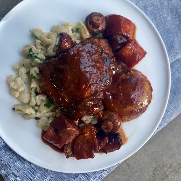 Image of Note: once the chicken, vegetables, and spaetzle have been plated, skim off any excess fat from the pan if needed and bring the pan to a full boil while stirring to bring the sauce together for a rich and glazy...