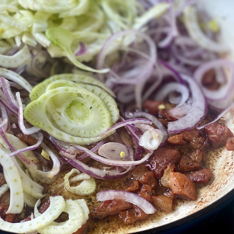 Image of When the bacon is golden brown but still chewy, turn the heat off and add half of the sherry vinegar, silan, Cara, salt, and pepper to deglaze the pan and scrape up all the browned bits from the pan using...
