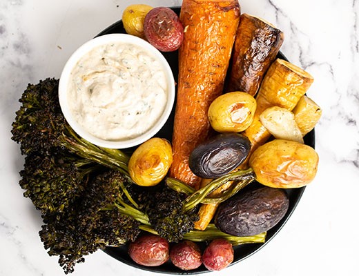 Image of Roasted Vegetables with Black Garlic Herbed Feta Dip