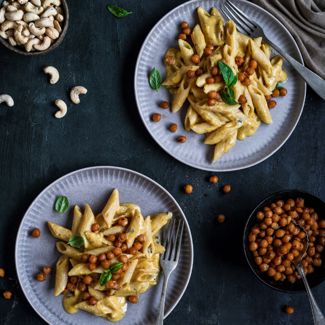 Image of Vegan Alfredo Pasta with Roasted Chickpeas