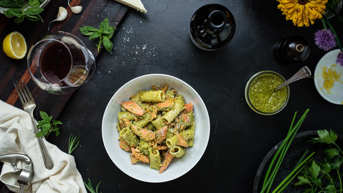 Image of Creamy Pesto Pasta with Marinated Sockeye Salmon