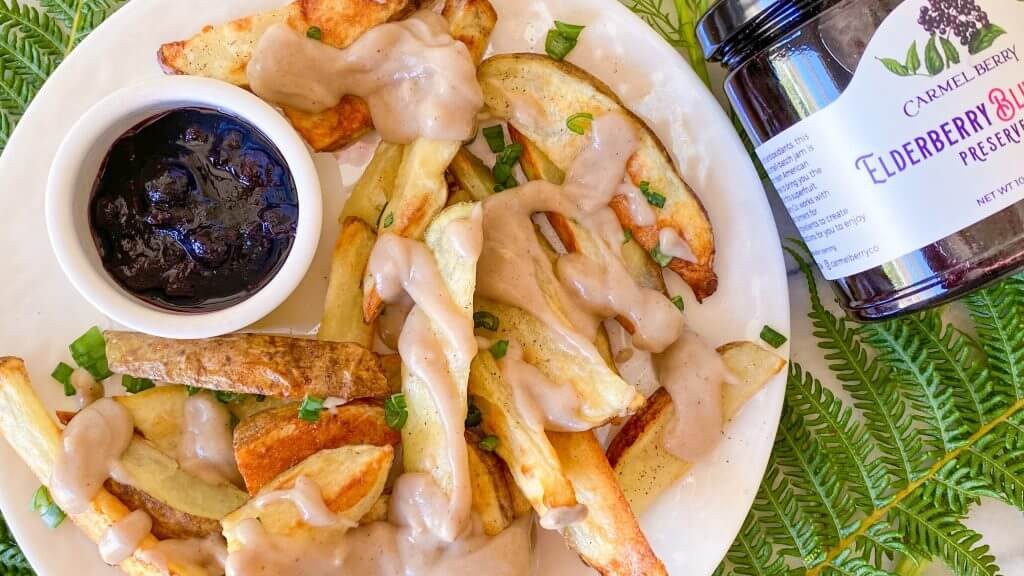 Image of Oven-Baked Fries with Swedish Meatball Dipping Sauce and Elderberry Preserves