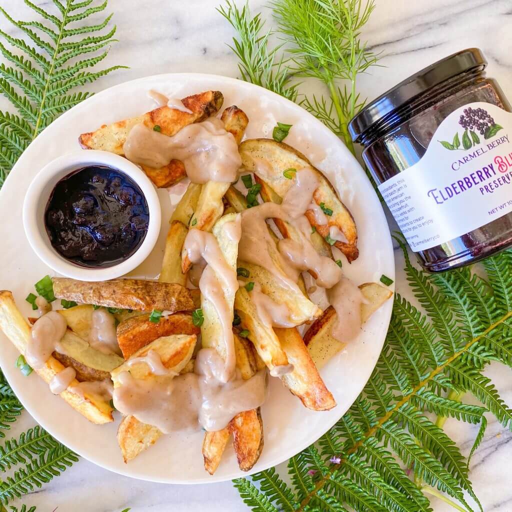 Oven-Baked Fries with Swedish Meatball Dipping Sauce and Elderberry Preserves