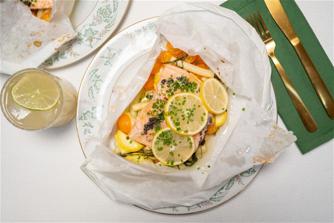 Image of King Salmon and Fresh Veggies en Papillote