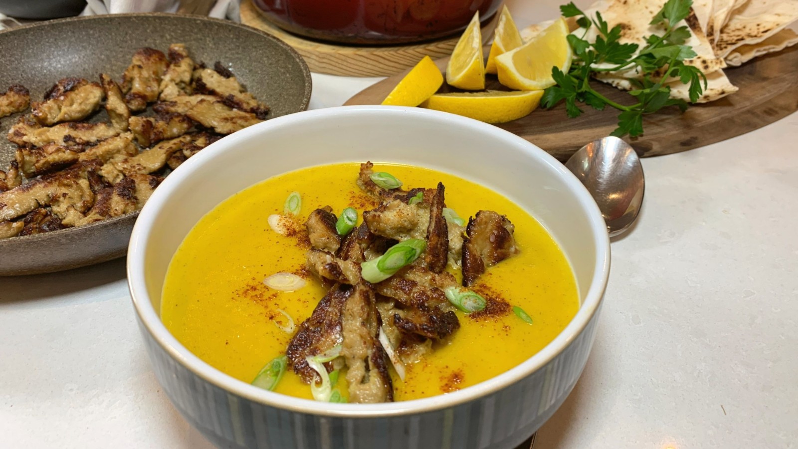 Image of Vegetable Soup Puree Topped with Plant Based Shawarma