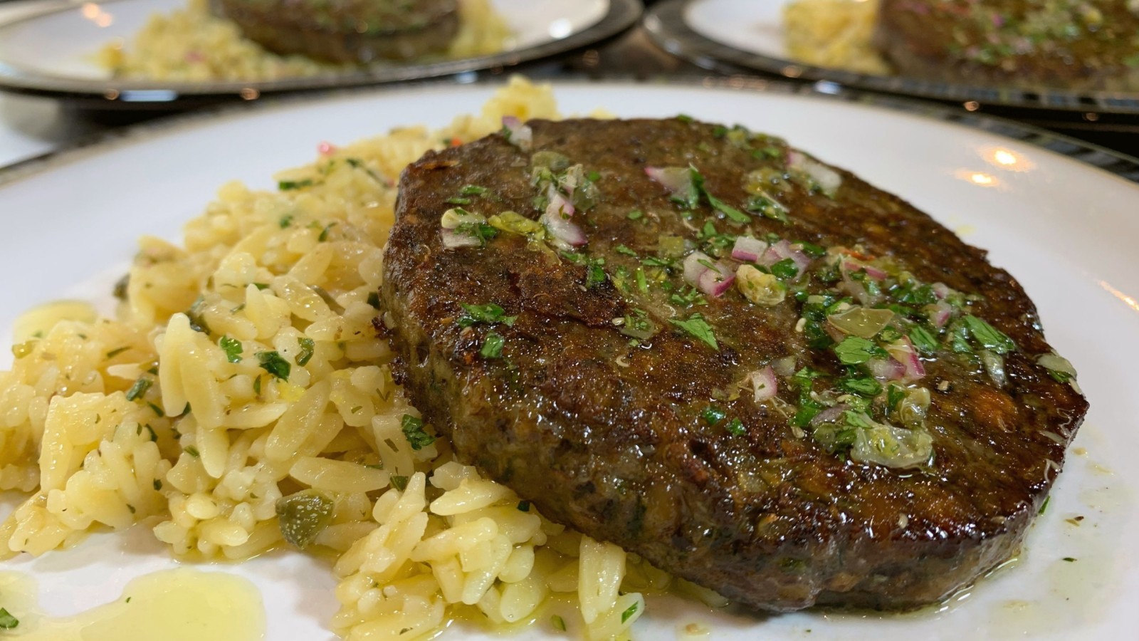 Image of The 3 Mushroom Burger with Orzo and Salsa Verde