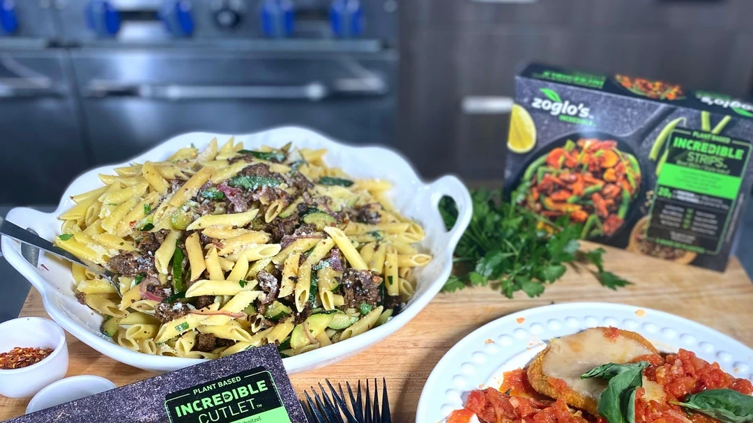 Image of Penne with Plant-Based Beef Strips and Zucchini