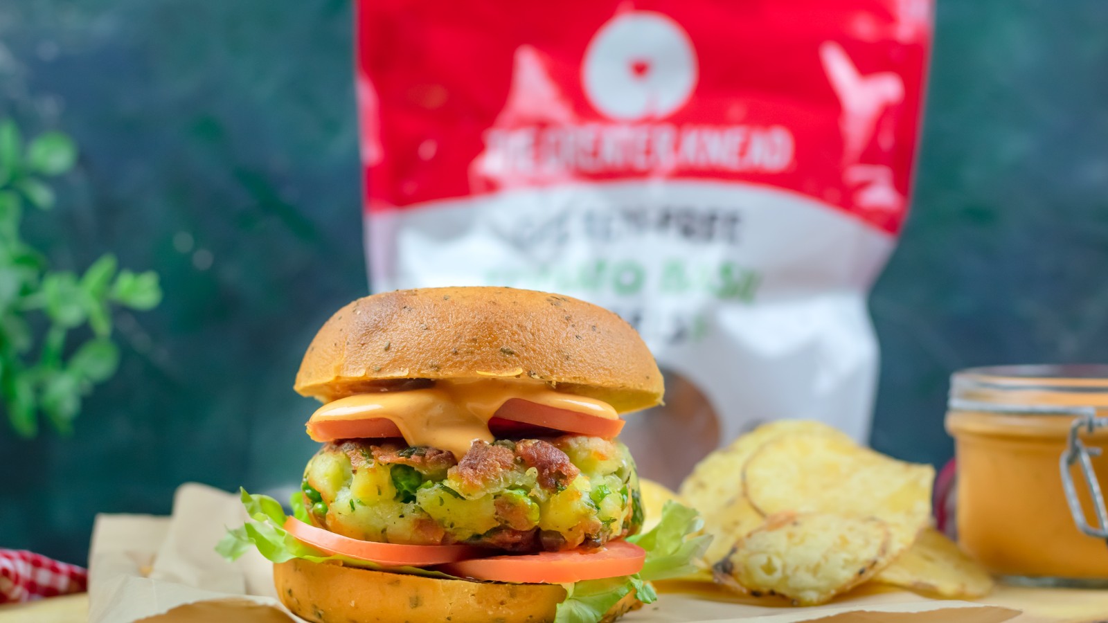 Image of Gluten Free Veggie Burger on Bagel with Creamy Chipotle Sauce