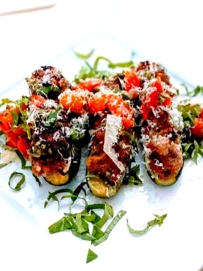 Image of Sausage Stuffed Zucchini with Summer Tomatoes, Basil & Arugula