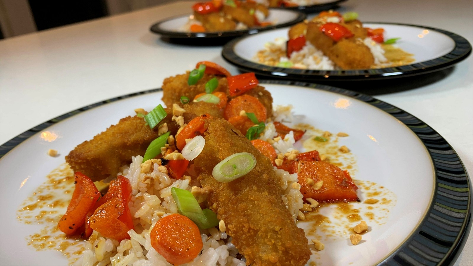 Image of Maple Glazed Vegan Tenders with Rice and Roasted Pepper