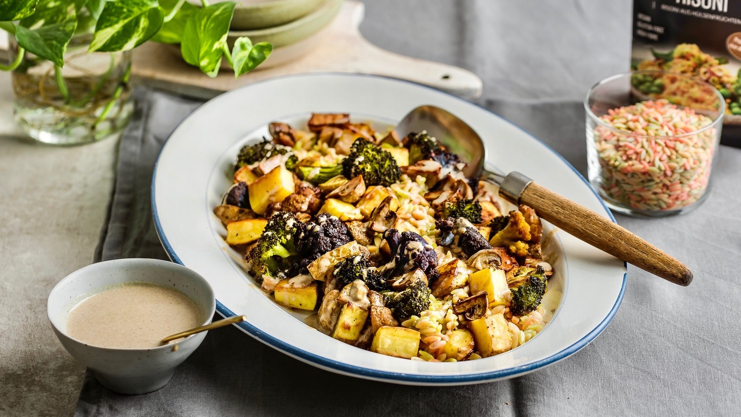 Image of Coconut aminos roasted veg with risoni and tahini roasted garlic dressing