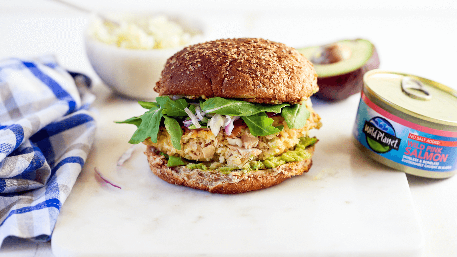 Classic Salmon Burgers with Alaskan sockeye salmon and avocado