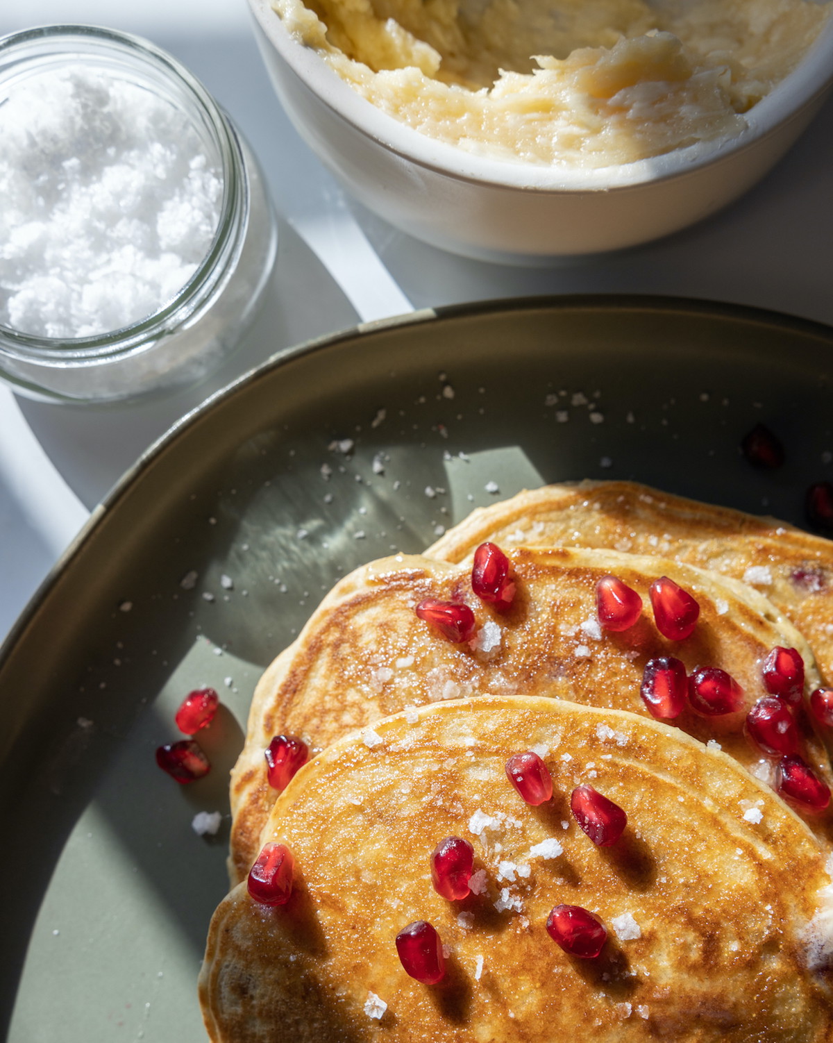 Pomegranate Cornmeal Griddlecakes with Sea Salt Honey Butter