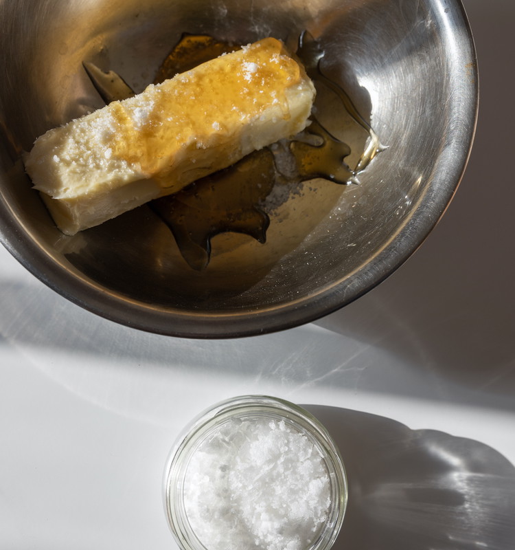 Image of In a small mixing bowl, combined the softened butter, honey, and a generous sprinkle of Slack Tide Flake Sea Salt and mix with a rubber spatula until even and smooth.  Let sit at room temperature.