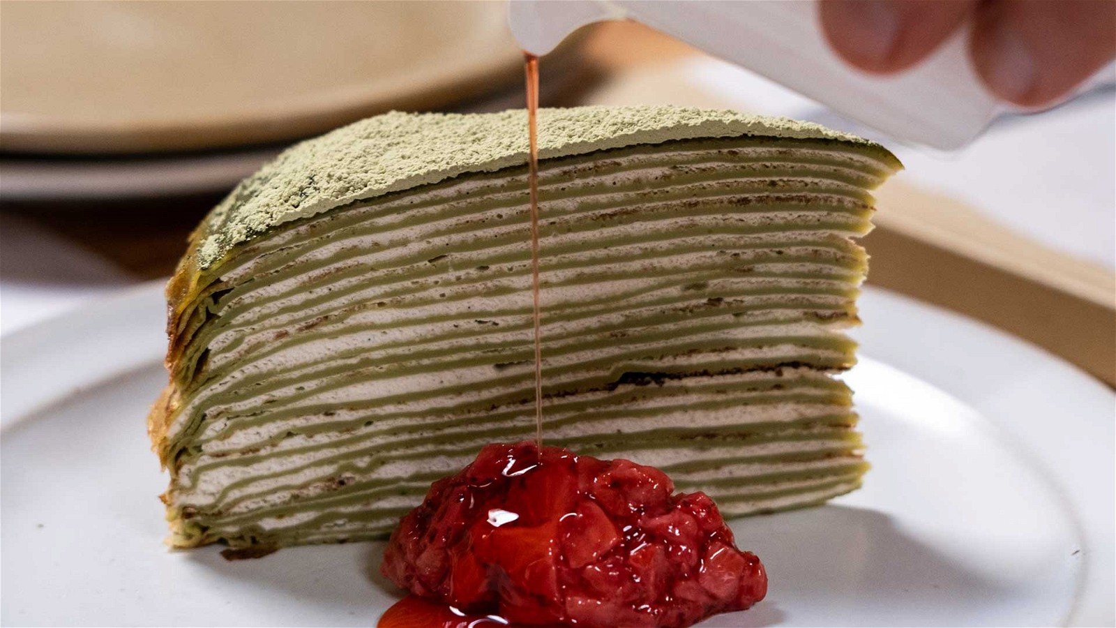 Image of Green Tea Crespelle Torta with Roasted Strawberry