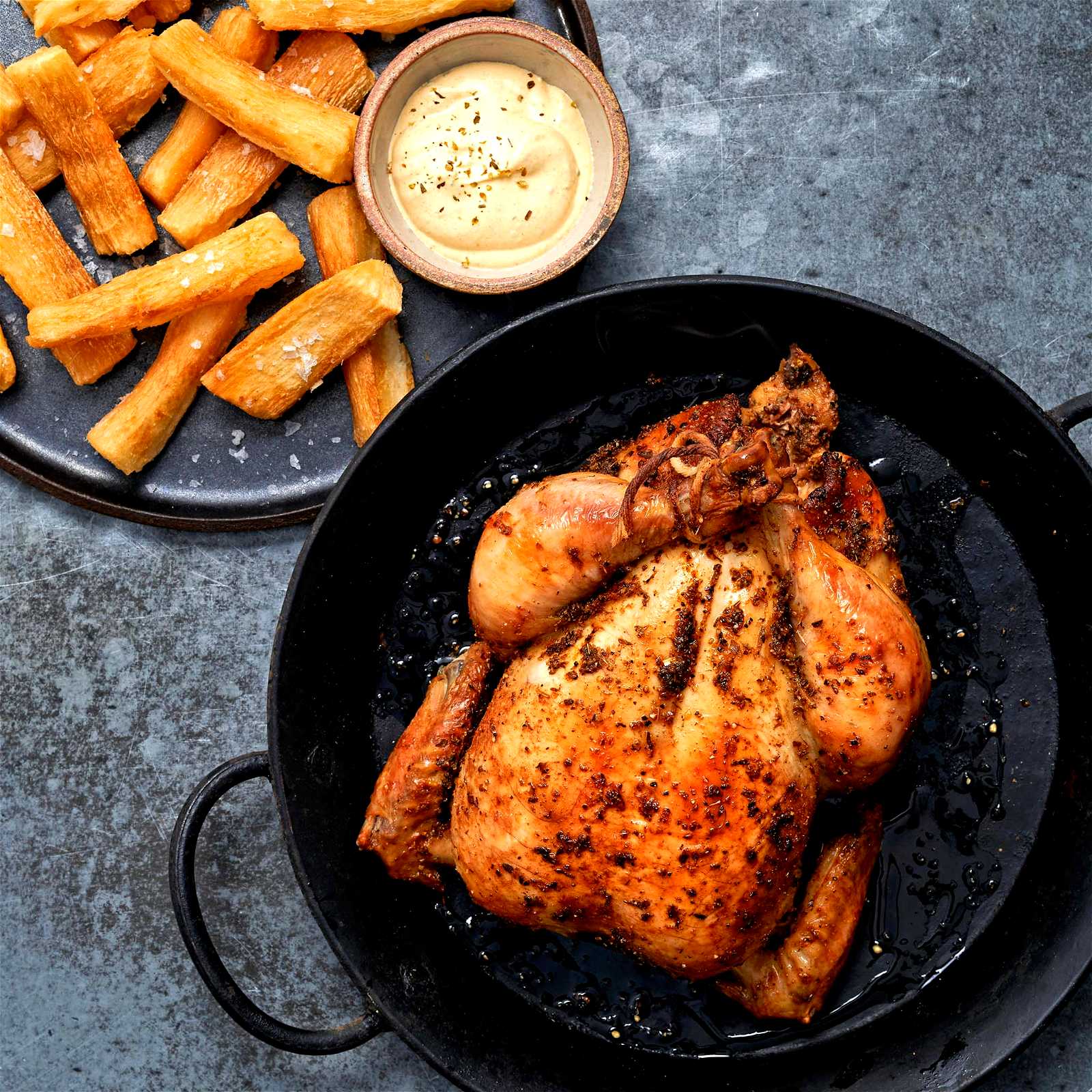 Image of Peruvian Style Roasted Chicken with Ají Amarillo Sauce and Yuca Fries