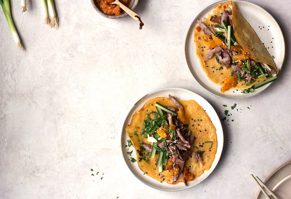 5 Spice Duck with Sesame Scallion Crepes