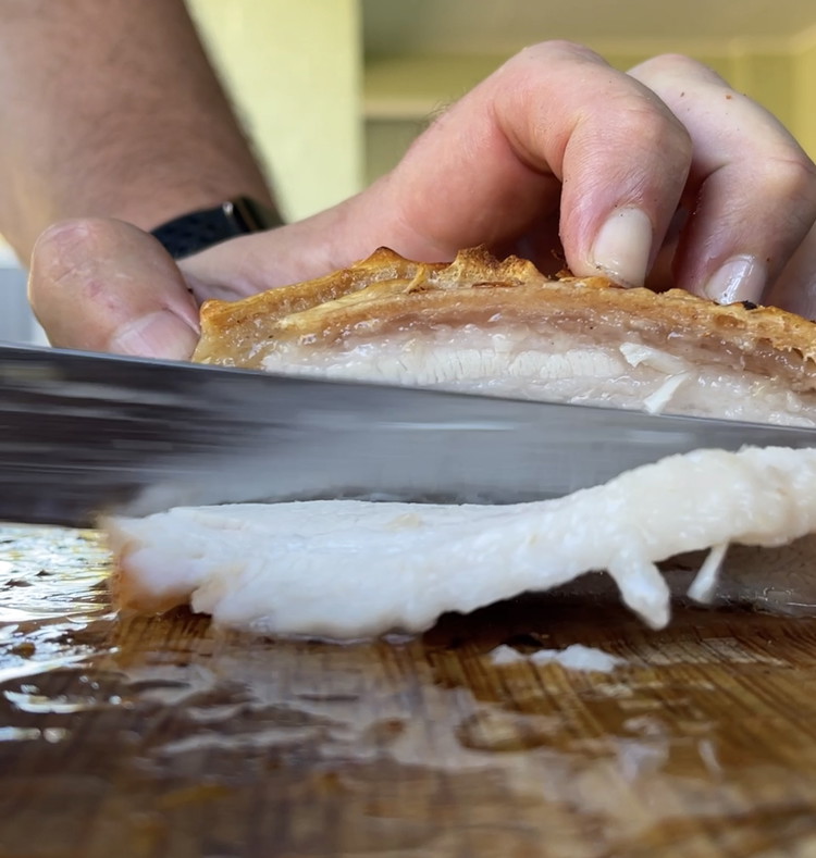 Image of Slice up the belly into 1cm thick slices, and smash back a few for quality assurance purposes.