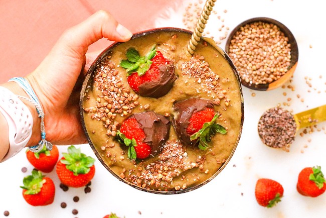 Image of Chocolate Covered Strawberry Smoothie Bowl with Cacao Bucks